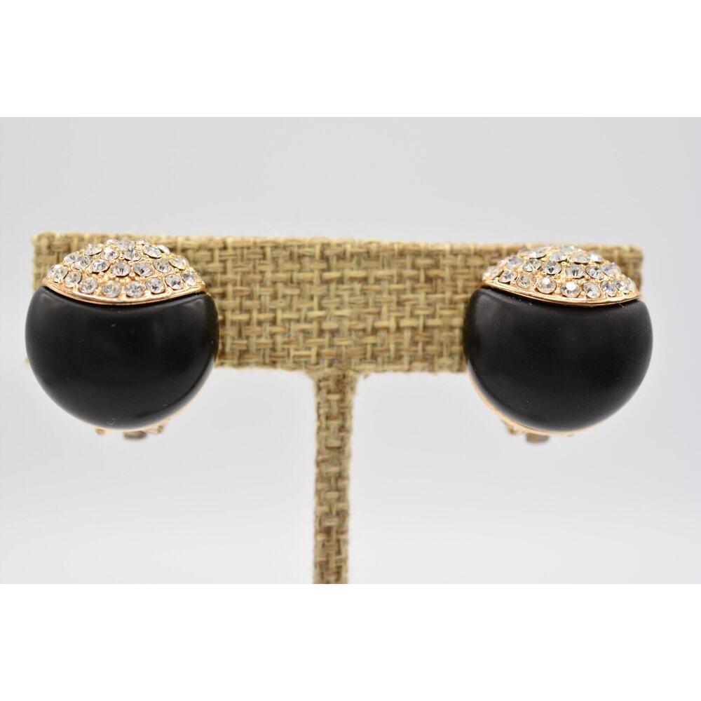 Tahari Vintage Clip Earrings Black Rhinestone Crystal Gold Round Signed BinAG